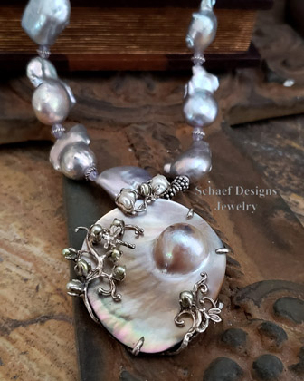 Schaef Designs Nucleated freshwater pearl, scorolite, & sterling silver necklace with mabe pearl pendant | Arizona