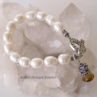 Creamy White freshwater pearl bracelet with sterling silver toggle & onion briolette charm | Schaef Designs  Arizona   