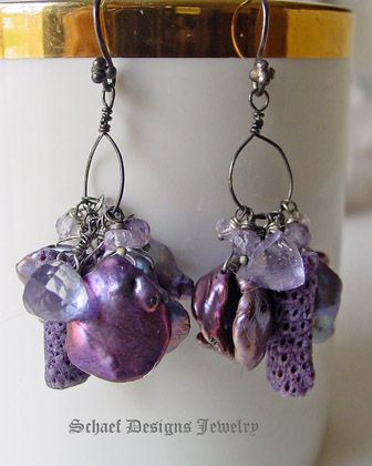 Mystic topaz, scorolite, purple coral and peacock petal pearl & patinaed sterling silver Dangle Earrings | Schaef Designs artisan handcrafted gemstone & pearl earrings | online upscale jewelry boutique | New Mexico 