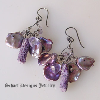 Mystic topaz, scorolite, purple coral and peacock petal pearl & patinaed sterling silver Dangle Earrings | Schaef Designs artisan handcrafted gemstone & pearl earrings | online upscale jewelry boutique | New Mexico 
