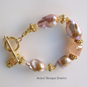 Irridescent Pink to Peach Freshwater Pearls, Imperial Topaz & 22kt Gold Vermeil Bracelet  | Online upscale artisan handcrafted pearl & gemstone jewelry boutique | Schaef Designs Pearl Jewelry | San Diego, CA 