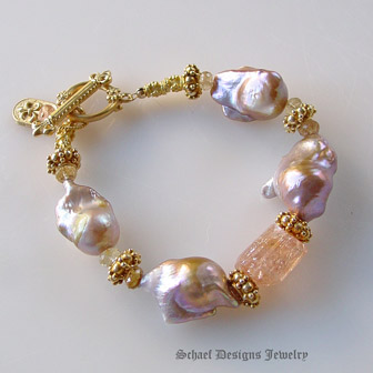 Irridescent Pink to Peach Freshwater Pearls, Imperial Topaz & 22kt Gold Vermeil Bracelet  | Online upscale artisan handcrafted pearl & gemstone jewelry boutique | Schaef Designs Pearl Jewelry | San Diego, CA