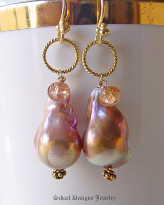 Schaef Designs Irridescent Pink to Peach Freshwater Pearls, Imperial Topaz & 22kt Gold Vermeil Earrings | New Mexico