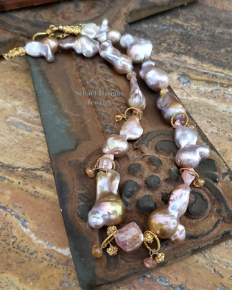 Peach Lustrous Nucleated Freshwater Pearl, Imperial Topaz & gold vermeil Necklace | Online upscale artisan handcrafted jewelry boutique gallery | Schaef Designs Pearl Jewelry | San Diego, CA