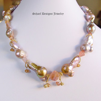Peach Lustrous Nucleated Freshwater Pearl, Imperial Topaz & gold vermeil Necklace | Online upscale artisan handcrafted jewelry boutique gallery | Schaef Designs Pearl Jewelry | San Diego, CA