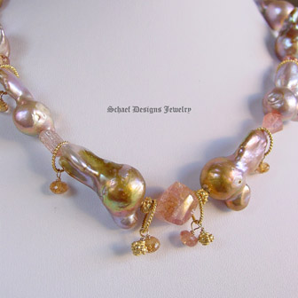 Peach Lustrous Nucleated Freshwater Pearl, Imperial Topaz & gold vermeil Necklace | Online upscale artisan handcrafted jewelry boutique gallery | Schaef Designs Pearl Jewelry | San Diego, CA