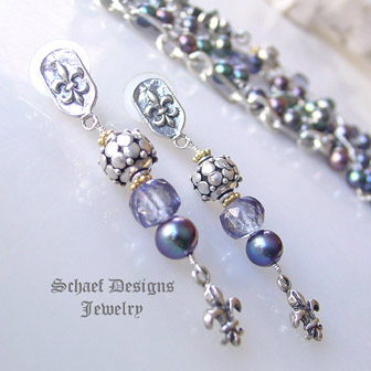 Schaef Designs tanzanite mystic quartz, freshwater peacock pearl, 24kt gold vermeil & sterling silver POST earrings | New Mexico 