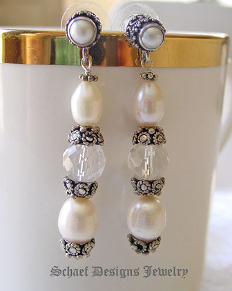 Schaef Designs white freshwater pearl, clear faceted quartz & sterling silver dangle POST  Earrings  | Online upscale artisan handcrafted pearl & gemstone jewelry boutique | Schaef Designs Pearl Jewelry | San Diego, CA