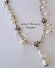 Schaef  Designs White Freshwater Pearl & Sterling Silver Figaro Chain with maltese cross stations and pearl & quartz charms | fleur de lis | online upscale designer jewelry gallery boutique | Schaef Designs designer gemstone jewelry | San Diego, CA  