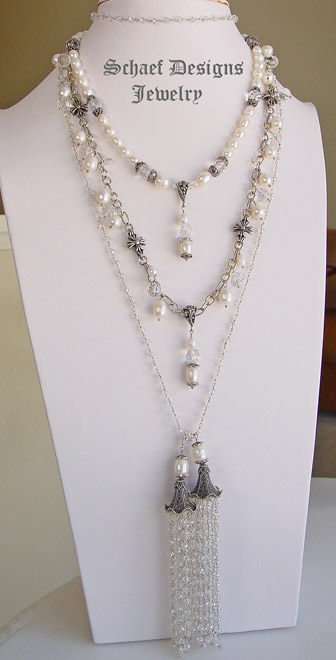 Schaef Designs 56 inch long crystal quartz, sterling silver & marcasite tassel necklace | fleur de lis | online upscale designer jewelry gallery boutique | Schaef Designs designer gemstone jewelry | San Diego, CA