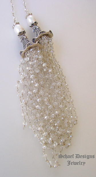 Schaef Designs 56 inch long crystal quartz, sterling silver & marcasite tassel necklace | fleur de lis | online upscale designer jewelry gallery boutique | Schaef Designs designer gemstone jewelry | San Diego, CA 