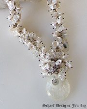 Tahitian pearl lariat style necklace & pave diamond pendant | online upscale artisan handcrafted pearl & gemstone jewelry boutique gallery | Schaef Designs artisan handcrafted pearl & diamond Jewelry | Schaef Designs Fine Jewelry San Diego, CA 