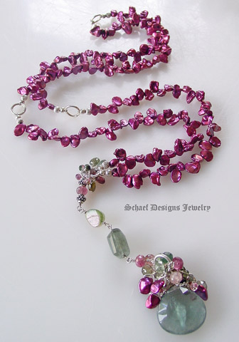    Huge Moss Aquamarines, keishi pearls, tourmalines, & rhodolite garnets pendant on long keishi pearl & gemstone necklace | Online Jewerly Boutique | Schaef Designs Pearl & Gemstone Jewelry | San Diego, CA  