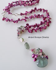 Schaef Designs Raspberry keishi pearl long necklace with moss aquamarine garnets and tourmalines | New Mexico