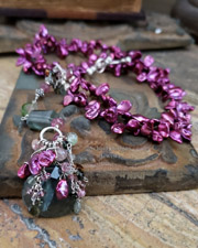 Schaef Designs Raspberry keishi pearl long necklace with moss aquamarine garnets and tourmalines | Arizona