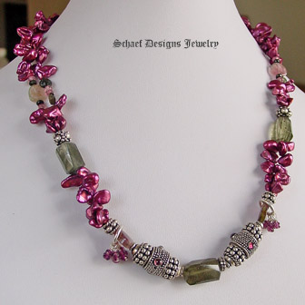  Huge Moss Aquamarines, keishi pearls, tourmalines, & rhodolite garnets pendant on long keishi pearl & gemstone necklace | Online Jewerly Boutique | Schaef Designs Pearl & Gemstone Jewelry | New Mexico 