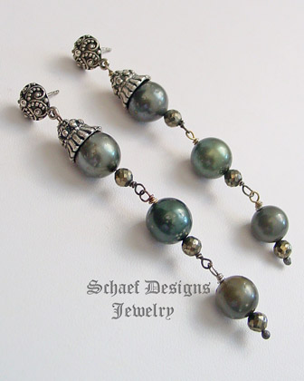 Schaef Designs shaded Tahitian Pearl & faceted bronze pyrite dangle post earrings | New Mexico