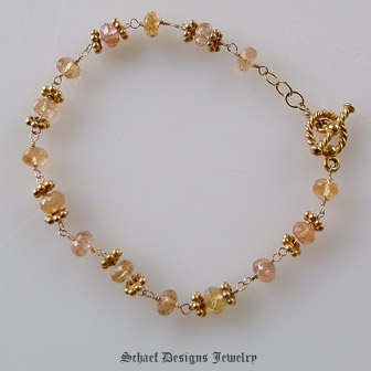 Irridescent Pink to Peach Freshwater Pearls, Imperial Topaz & 22kt Gold Vermeil Bracelet  | Online upscale artisan handcrafted pearl & gemstone jewelry boutique | Schaef Designs Pearl Jewelry | New Mexico 
