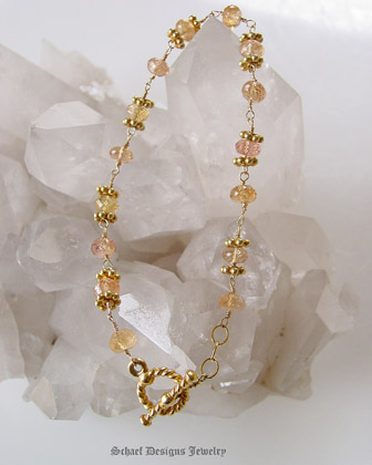 Irridescent Pink to Peach Freshwater Pearls, Imperial Topaz & 22kt Gold Vermeil Bracelet  | Online upscale artisan handcrafted pearl & gemstone jewelry boutique | Schaef Designs Pearl Jewelry | New Mexico