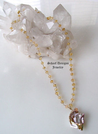 Peach Lustrous Large Freshwater Pearl & 14kt Gold Pendant on Imperial Topaz & 22kt gold vermeil Necklace | Online upscale artisan handcrafted jewelry boutique gallery  | Schaef Designs Pearl & Gemstone Jewelry | San Diego, CA  