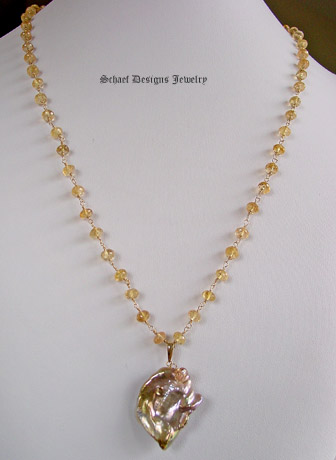Peach Lustrous Large Freshwater Pearl & 14kt Gold Pendant on Imperial Topaz & 22kt gold vermeil Necklace | Online upscale artisan handcrafted jewelry boutique gallery  | Schaef Designs Pearl & Gemstone Jewelry | San Diego, CA  