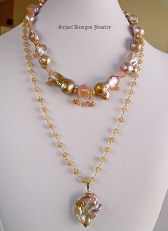 Peach Lustrous Large Freshwater Pearl & 14kt Gold Pendant on Imperial Topaz & 22kt gold vermeil Necklace | Online upscale artisan handcrafted jewelry boutique gallery  | Schaef Designs Pearl & Gemstone Jewelry | San Diego, CA  