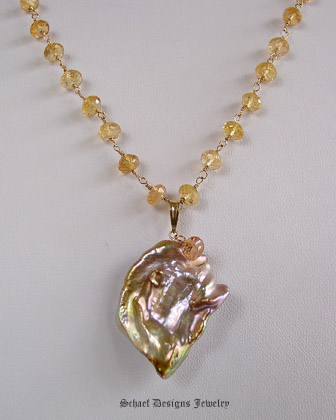 Peach Lustrous Large Freshwater Pearl & 14kt Gold Pendant on Imperial Topaz & 22kt gold vermeil Necklace | Online upscale artisan handcrafted jewelry boutique gallery  | Schaef Designs Pearl & Gemstone Jewelry | San Diego, CA  