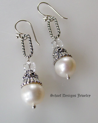 Schaef Designs White Pearl clear crystal quartz & figaro link dangle earrings | New Mexico