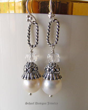 Schaef Designs White Pearl clear crystal quartz & figaro link dangle earrings | New Mexico 