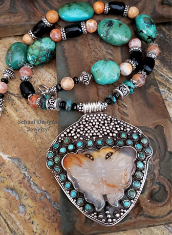  Totem Jewelry | Tibetan Butterfly Penant on Turquoise, Black Onyx, Crab Fire Agate, & Sterling Silver Necklace | Arizona