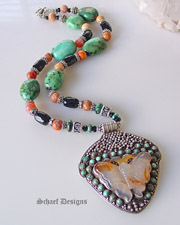  Schaef Designs Carnelian carved butterfly pendant on turquoise & crabfire agate necklace | New Mexico 