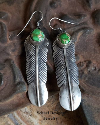  Henry Sam Green Carico Lake & sterling silver native american artist signed feather earrings | Schaef Designs | Arizona
