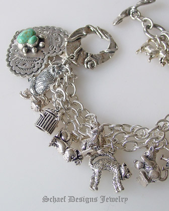 Schaef Designs Turquoise Cat Paw Print Heart Cat Fancy sterling silver charm bracelet |  pet lovers jewelry | upscale collectible Southwestern, Native American, Equine, & turquoise jewelry gallery | Schaef Designs artisan handcrafted, southwestern & turquoise Jewelry | New Mexico 
