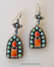Don Lucas Multi Stone turquoise lapis coral gaspeite dangle earrings | Schaef Designs Turquoise Southwestern Jewelry | New Mexico 