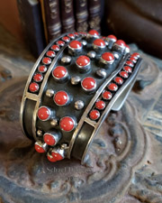 Native American L. James Coral & Sterling Silver Heavy Cuff Bracelet | New Mexico 