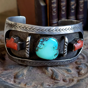 Old Pawn Native American turquoise, coral & sterling silver shadowbox style cuff bracelet | Arizona 