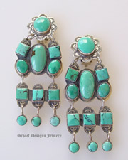 Beautiful turquoise loaded with matrix chandelier concho clip earrings by Federico Jimenez | upscale online native american southwestern equine turquoise jewelry gallery | Schaef Designs Jewelry |New Mexico 