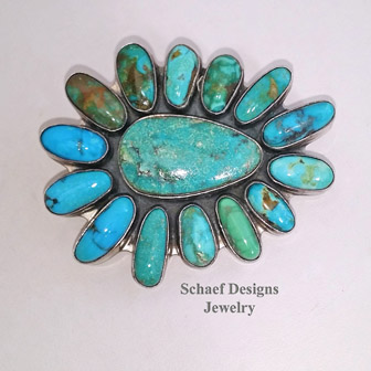 Federico signed turquoise large cluster pendant pin on Schaef Designs Royston Turquoise Nugget 3 strand necklace and sterling silver rosette and turquoise nugget layering necklace  | Schaef Designs Jewelry | San Diego CA