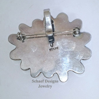 Federico signed turquoise large cluster pendant pin on Schaef Designs Royston Turquoise Nugget 3 strand necklace and sterling silver rosette and turquoise nugget layering necklace  | Schaef Designs Jewelry | San Diego CA 