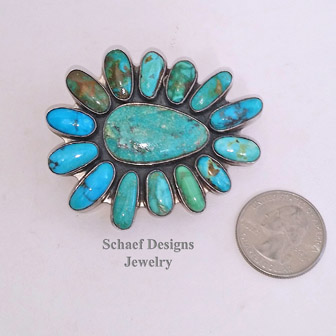 Federico signed turquoise large cluster pendant pin on Schaef Designs Royston Turquoise Nugget 3 strand necklace and sterling silver rosette and turquoise nugget layering necklace  | Schaef Designs Jewelry | San Diego CA 