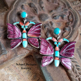 Federico signed purple spiny oyster shell, turquoise & onyx carved butterfly earrings |Schaef Designs | Arizona