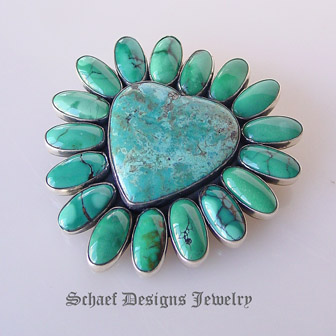 Federico signed blue turquoise & sterling silver small heart pin pendant | Schaef Designs upscale turquoise, Southwestern, mexican artisan handcrafted Jewelry | online jewelry gallery | New Mexico  