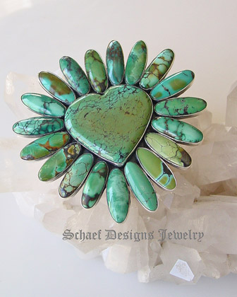 Federico signed large green turquoise & sterling silver heart pin pendant |upscale Southwestern artisan handcrafted turquoise jewelry | Schaef Designs Jewelry | New Mexico