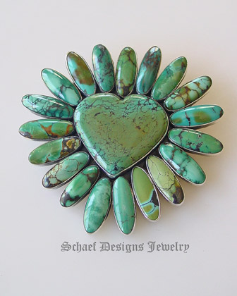 Federico signed large green turquoise & sterling silver heart pin pendant |upscale Southwestern artisan handcrafted turquoise jewelry | Schaef Designs Jewelry |New Mexico