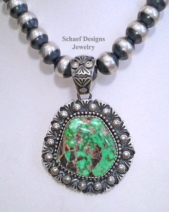 Specimen Large Green Carico Lake & sterling silver artist signed native american pendant | Schaef Designs | New Mexico 
