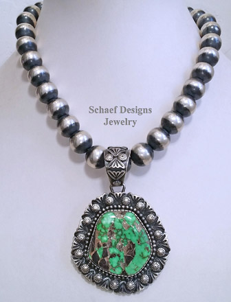 Specimen Large Green Carico Lake & sterling silver artist signed native american pendant | Schaef Designs | New Mexico 