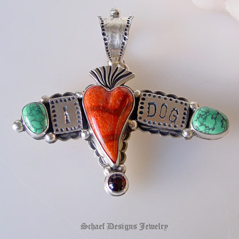 I Heart Dog spiderweb apple coral garnet and sterling silver Americana pin pendant | Schaef Designs Pet Jewelry Collection | Exclusive Bobby Schaefer Designs Copywritten all rights reserved | Schaef Designs Jewelry| New Mexico 