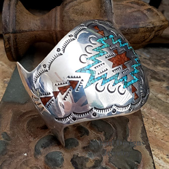  Native American Old Pawn Turquoise, Coral & sterling silver chip mosaic cuff bracelet | Arizona
