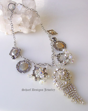 Antique Crystal, rhinestone & sterling silver charm Necklace  | online upscale Vintage Brooch & bridle Jewelry Boutique | Schaef Designs artisan handcrafted Vintage Brooch Jewelry | San Diego, CA 