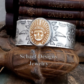 Schaef Designs Carved Bone Indian Chief & Sterling Silver Southwestern Cuff Bracelet | Arizona | Arizona 